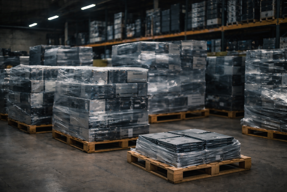 Old IT hardware stacked on pallets in a dark warehouse, wrapped in plastic and awaiting secure data sanitisation.